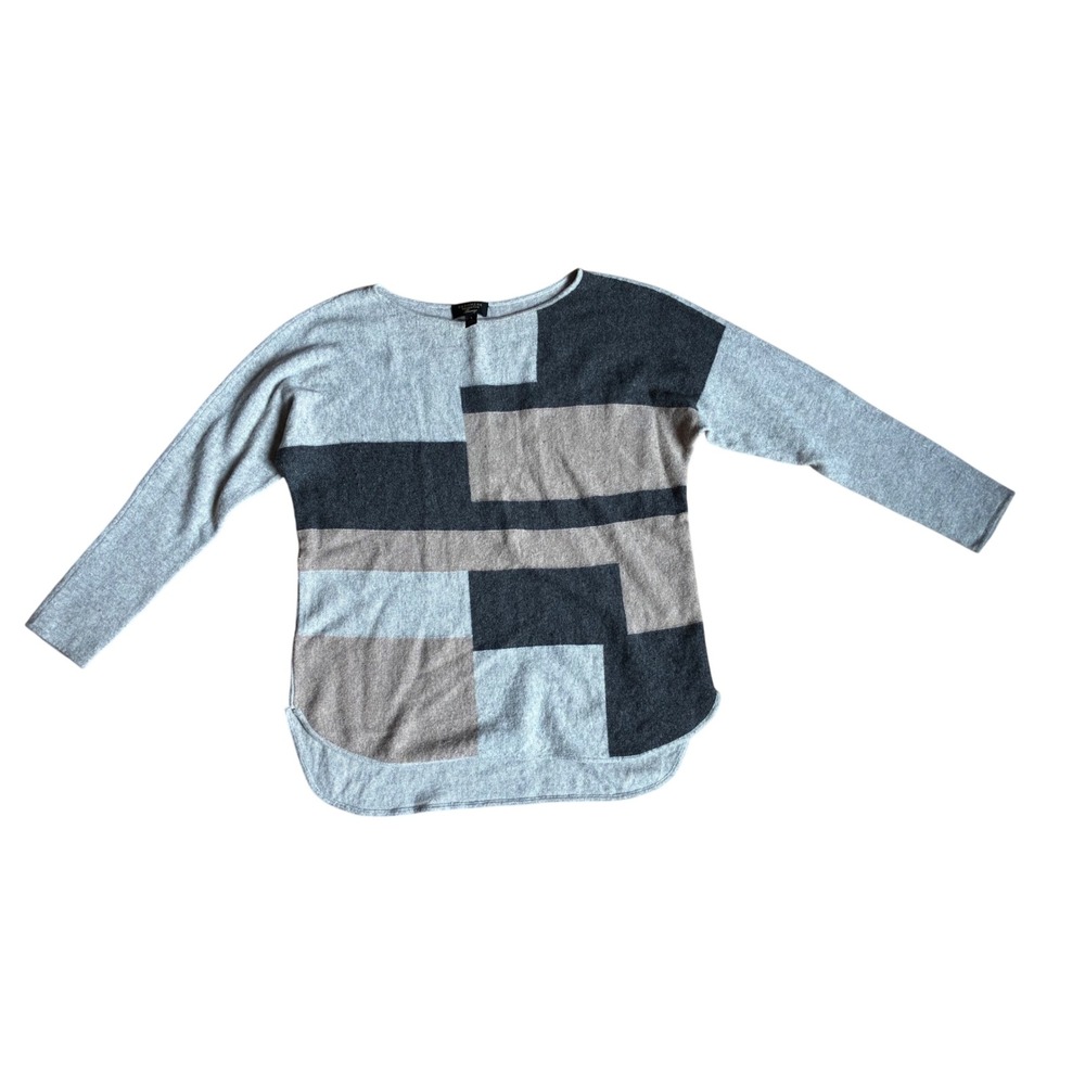 Charter Club Luxury 100% Cashmere Colorblock Geometric Sweater Grey Tan Large